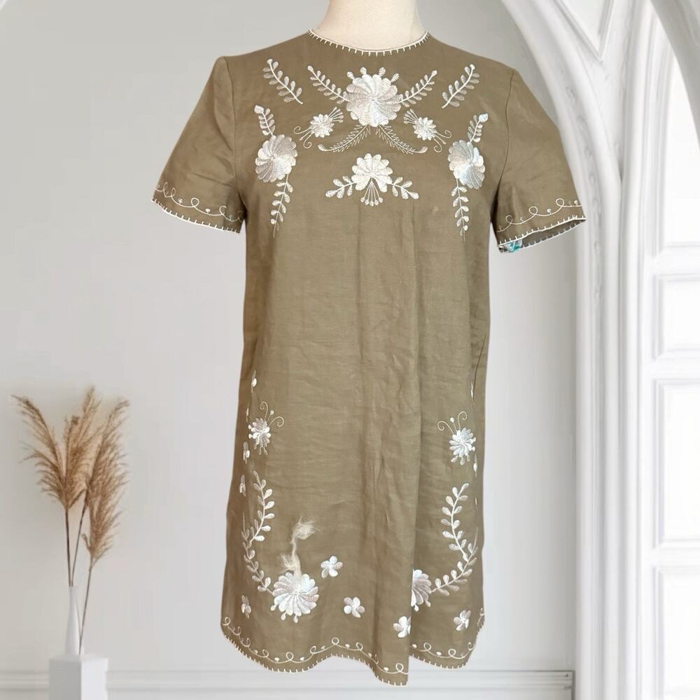 ZARA Embroidered Floral 100% Linen Dress Sz S Taupe Short Sleeve Boho Shift